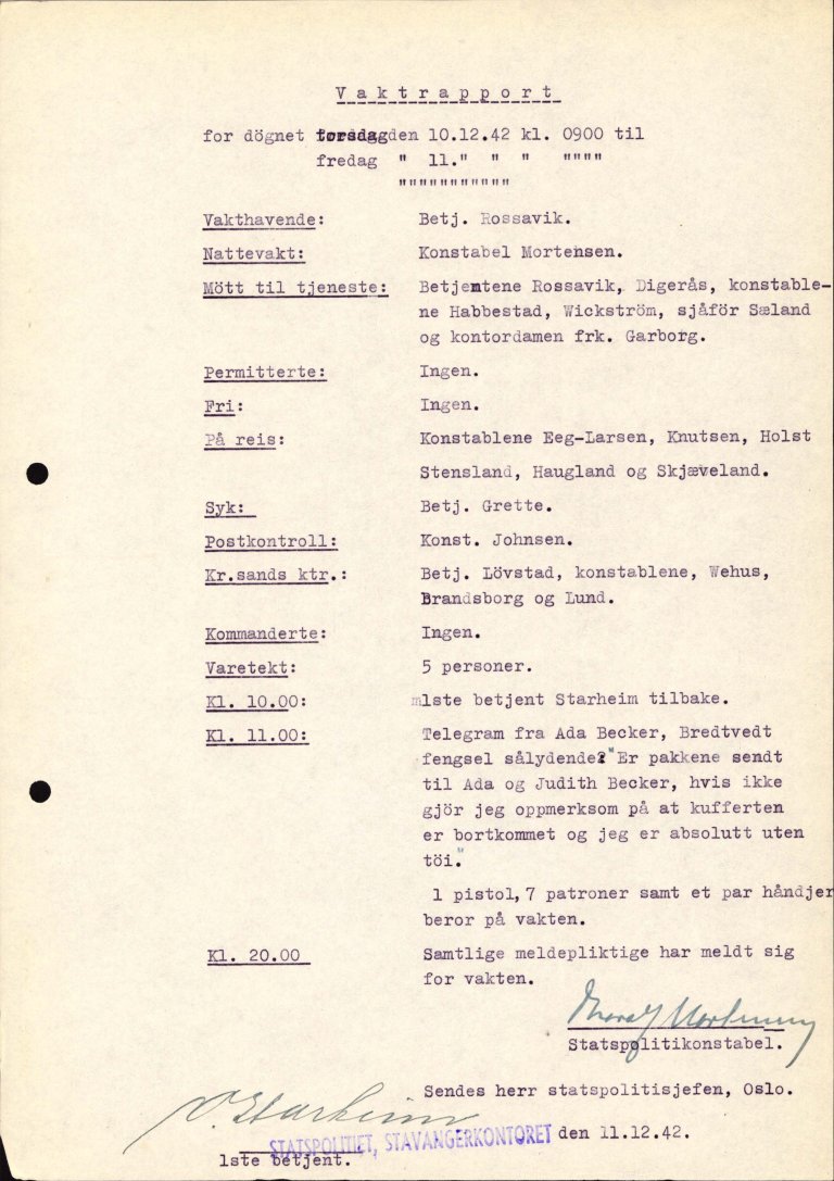 Stapo Stavanger vaktrapport 10.-11.12.1942