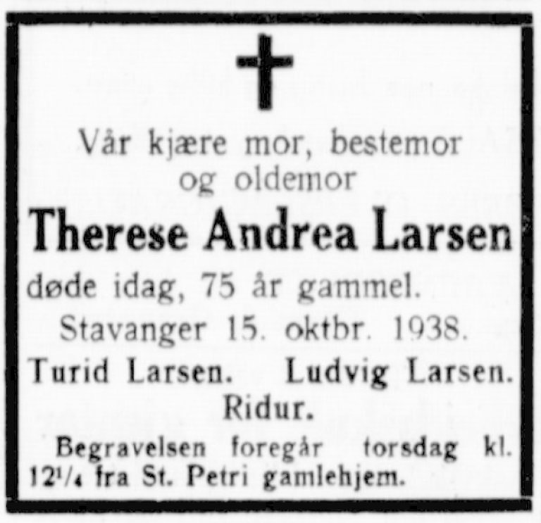 Dødsannonse Therese Andrea 1938