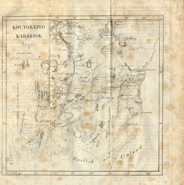Kart over Kautokeino og Karasjok 1842. Fra: Rode, F