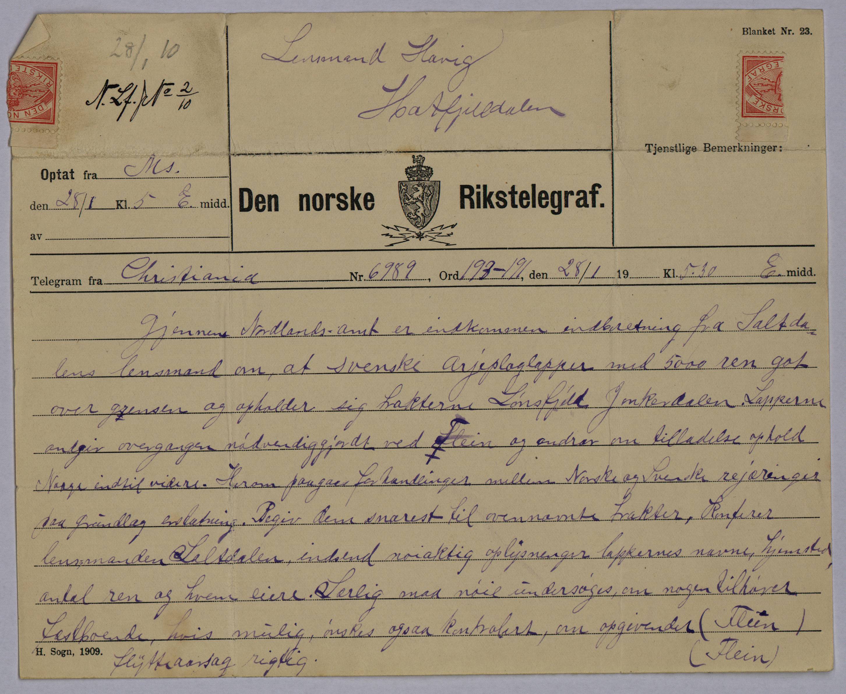 Telegram fra landbruksdepartementet til lensmannen i Hattfjelldal i 1910. Angående svensk rein. Reindriftsforvaltningen Nordland, korrespondanse Da01. Statsarkivet i Trondheim.