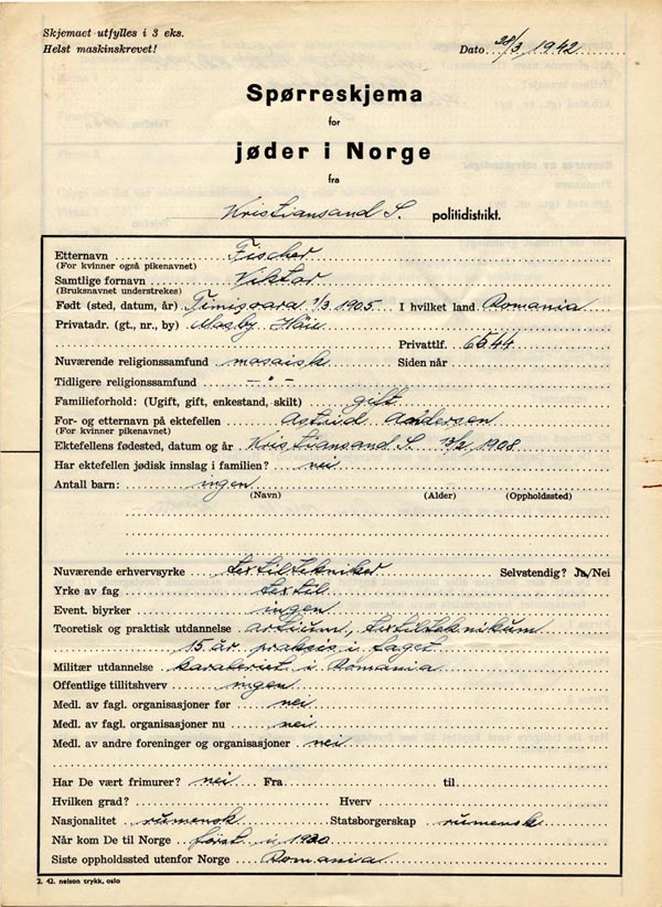 Spørreskjema for jøder i Norge - Victor Fischer (Statsarkivet i Kristiansand: Kristiansand politikammer 2, Fremmedsaker, eske 1118).