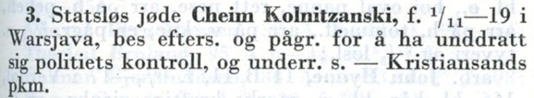 Cheim Kolnitzanski etterlyses i Polititidende 2. juni 1942.