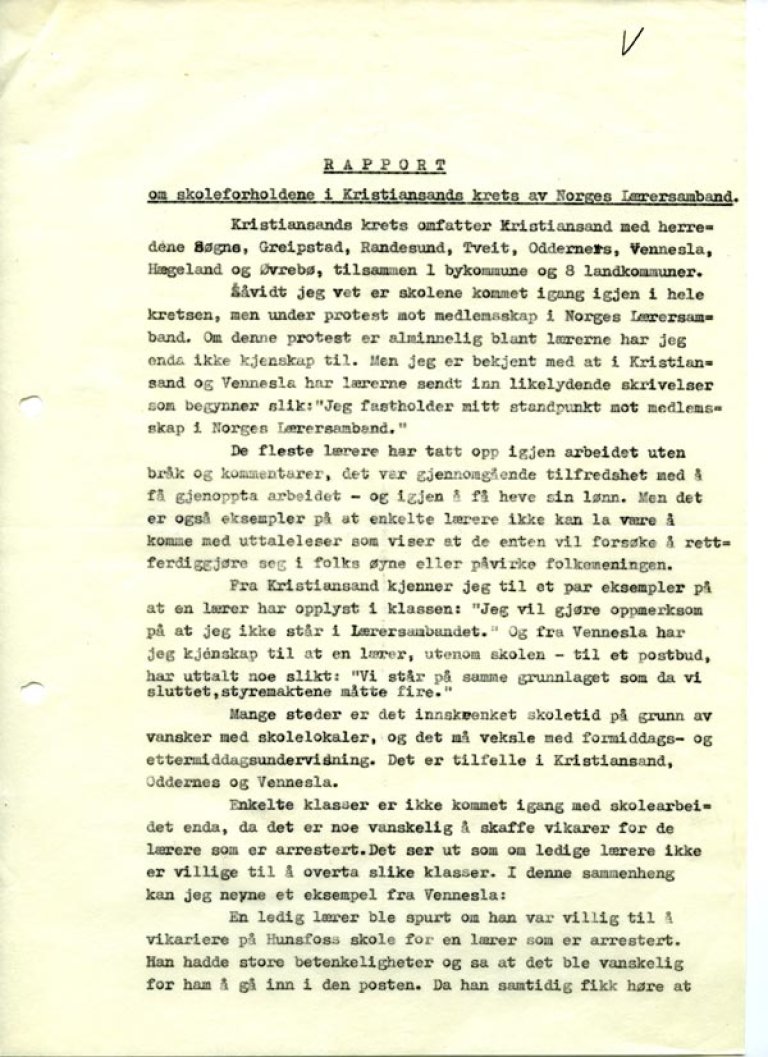 Rapport om skoleforholdene i Kristiansand krets av Norges Lærersamband 3. juni 1942, s. 1. (Statsarkivet i Kristiansand, Agder skoledirektør, III D, 5.)