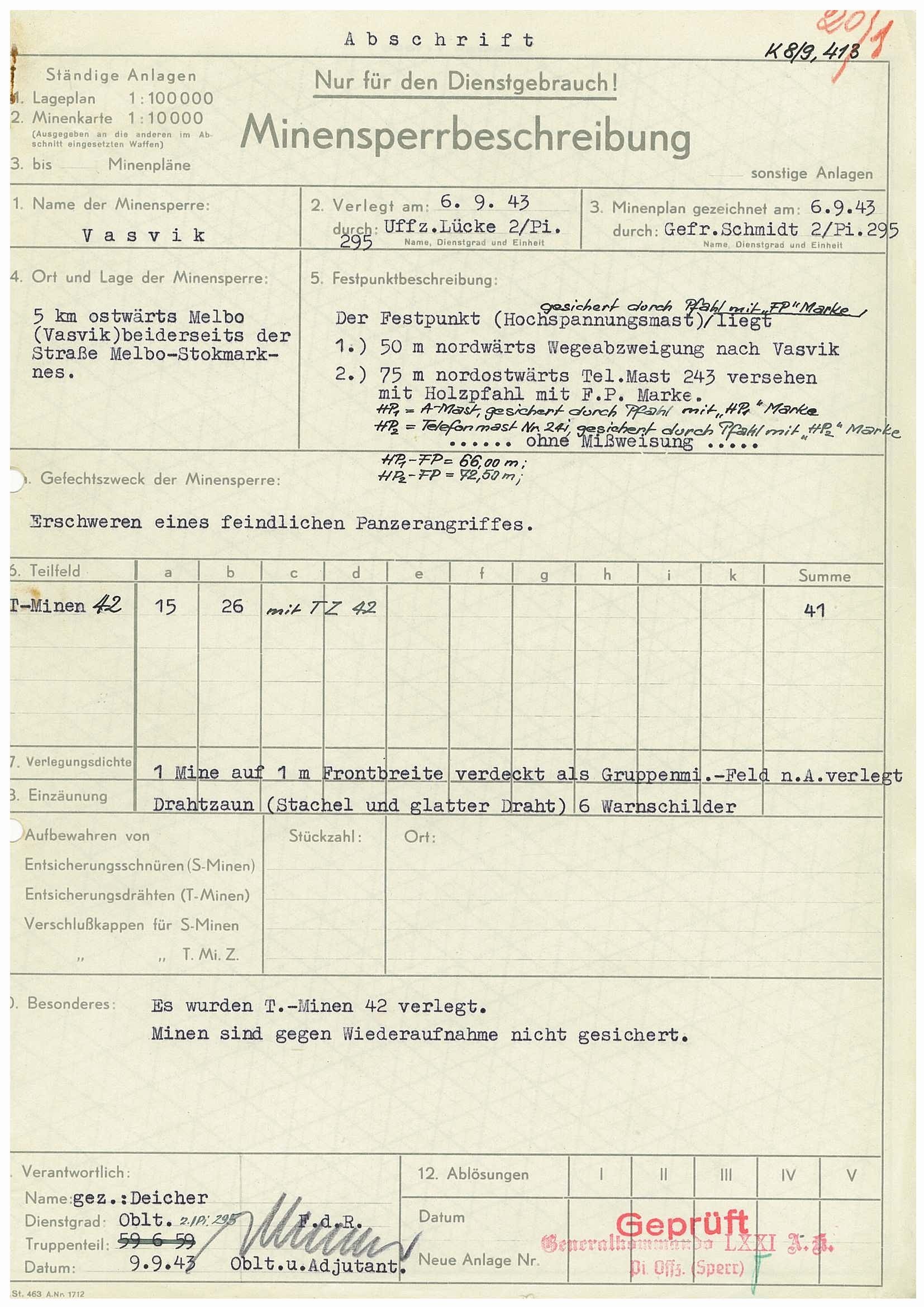 Informasjon om minesperre ved Vasvik i Hadselfjorden. RAFA, Avleveringsliste nr. 1456, DKN/Mineryddingsarkiv