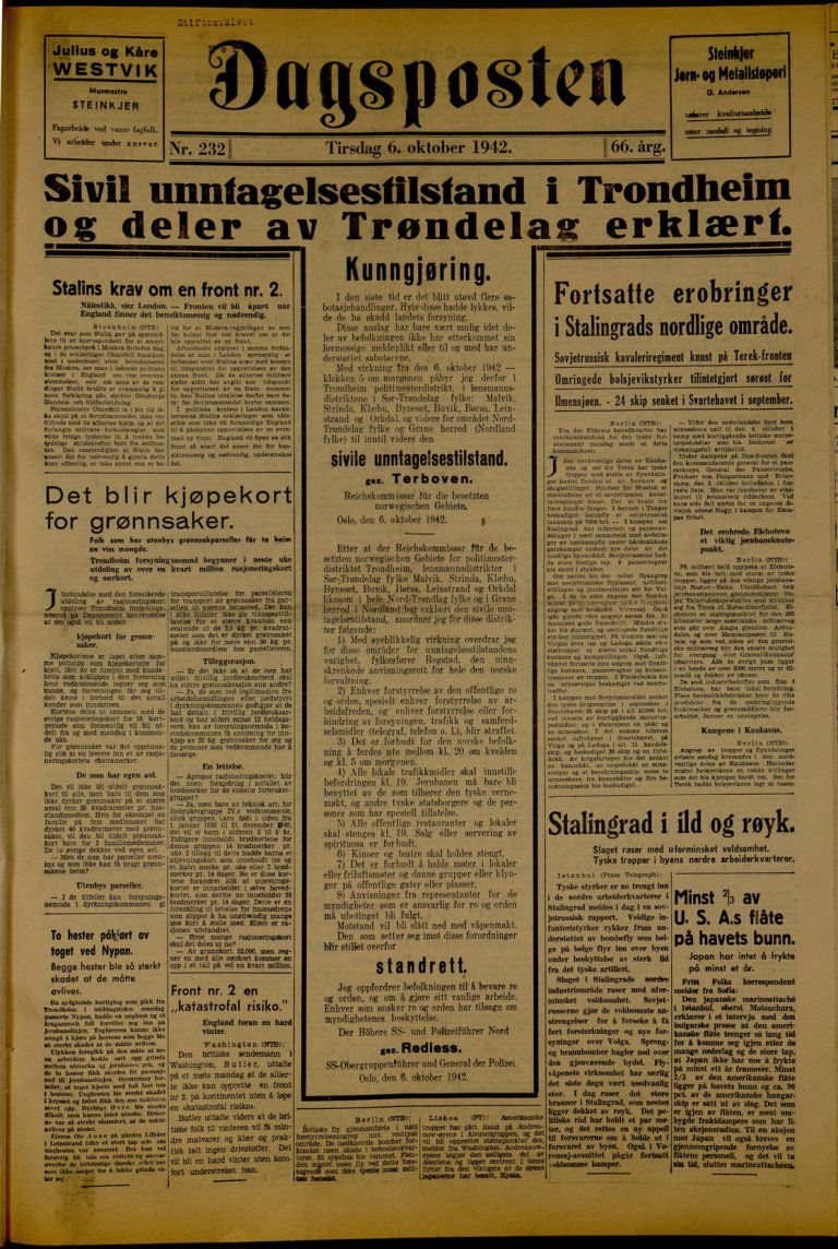 Avisforside: Dagsposten. Unntakstilstanden 1942