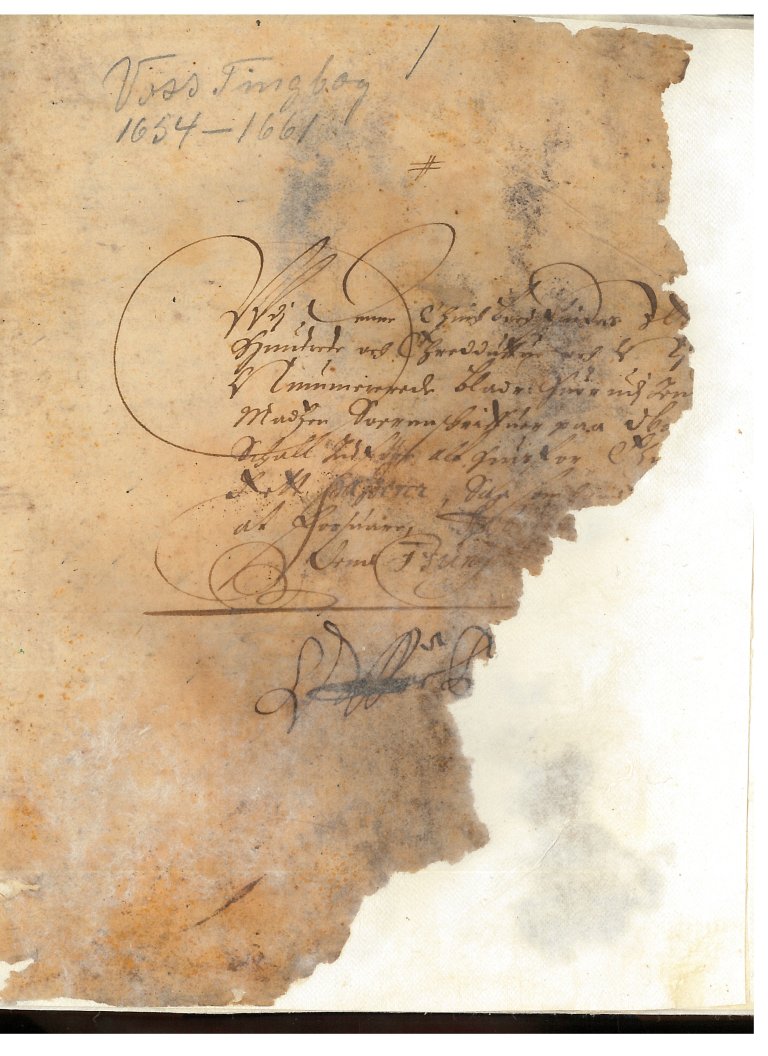Den første sida i tingbok 2 for Voss, signert av lensherren Offue Bielke.