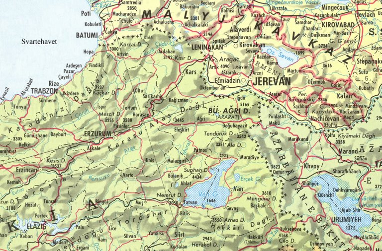 Dagens Armenia ligger rundt sjøen Sevan og har en betydelig mindre utstrekning enn det området som ble kalt Armenia på Bodil Biørns tid. Byene Musch (Mus) og Mezereh (Elazig) finnes i nedre venstre del av kartet. (Bokklubbens verdensatlas)