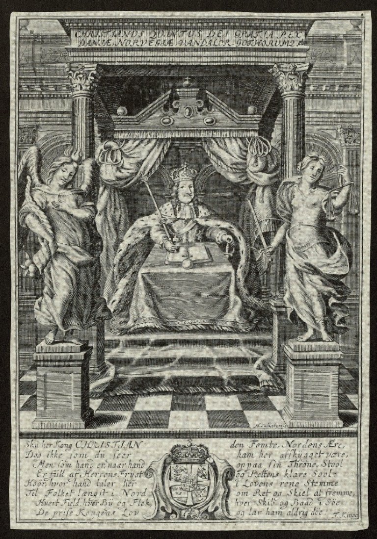 To av tittelblada frå boka Kong Christian Vs Norske Lov av 1687.